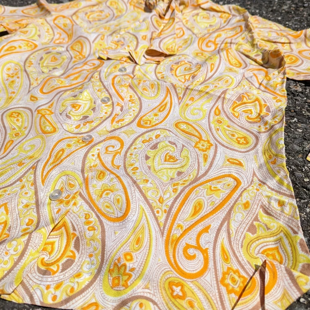 Vintage 1970s Orange Yellow Paisley Silky Pussycat Bow Button Down Shirt L Retro - Picture 3 of 4